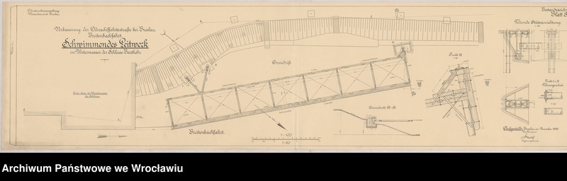 image.from.unit.number "Verbesserung der Oderschiffahrtstraße bei Breslau. Breitenbachfahrt. Schwimmendes Leitwerk im Unterwasser der Schleuse Bartheln"