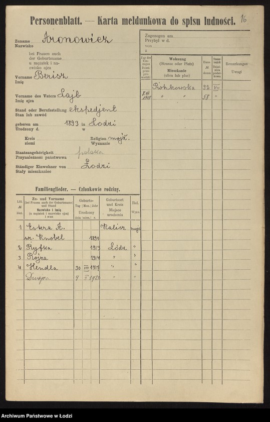 Obraz 18 z jednostki "[Spis ludności Łodzi] Aronowicz - Auerbach"