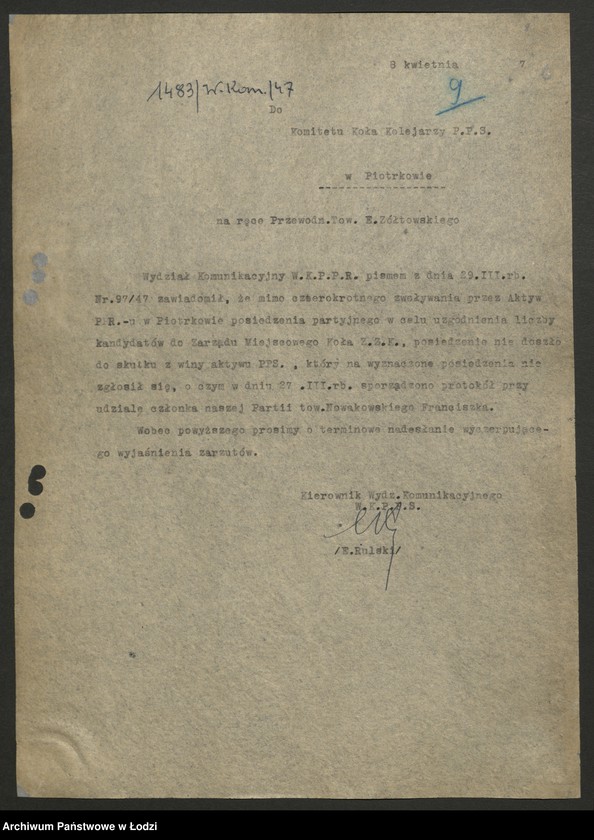 Obraz 7 z jednostki "Korespondencja [z Wydziałem Kolejowym KC]"