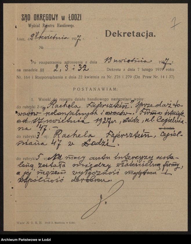 Obraz 9 z jednostki "Rachela Fajerstein- sprzedaż towarów kolonialnych i owoców"