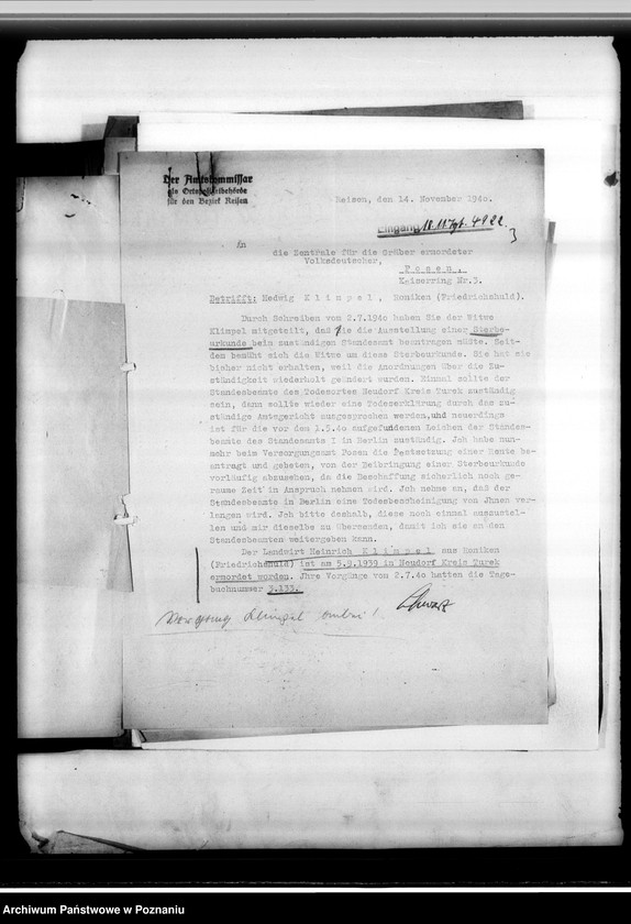 Obraz 7 z jednostki "Im Jahre 1940 beantragte Sterbeurkunden (miejscowych Niemców, którzy zginęli w 1939 roku"