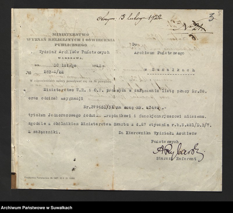 image.from.unit.number "[Korespondencja z Wydziałem Archiwów w Warszawie w sprawie list płac dla archiwisty i woźnego Archiwum Państwowego w Suwałkach]"