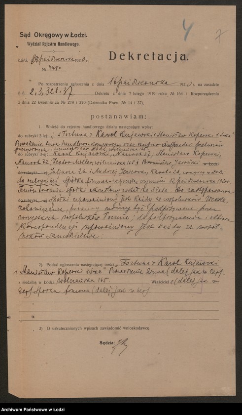 Obraz 9 z jednostki ""Fortuna"- Karol Kujawski, Stanisław Koperski i S-ka- biuro handlowo-komisowe oraz kupno i sprzedaż przetworów przemysłowych i ziemiopłodów"