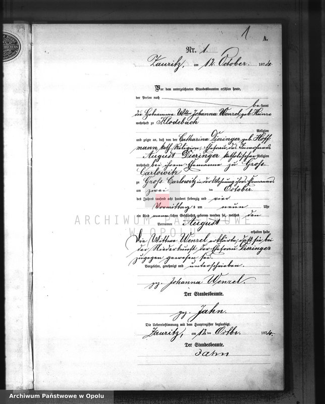 Obraz z jednostki "Geburts-Neben-Register des Standesamts Klodebach pro IV Quartal 1874"
