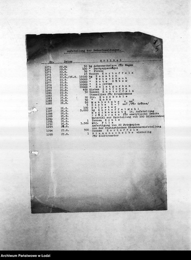 Obraz 8 z jednostki "Bedarfsmeldungen [Kopie skierowanych do Getto Verwaltung (Zarządu Getta) zapotrzebowań na surowce, materiały, narzędzia, maszyny itp. potrzebne resortom pracy do produkcji]"