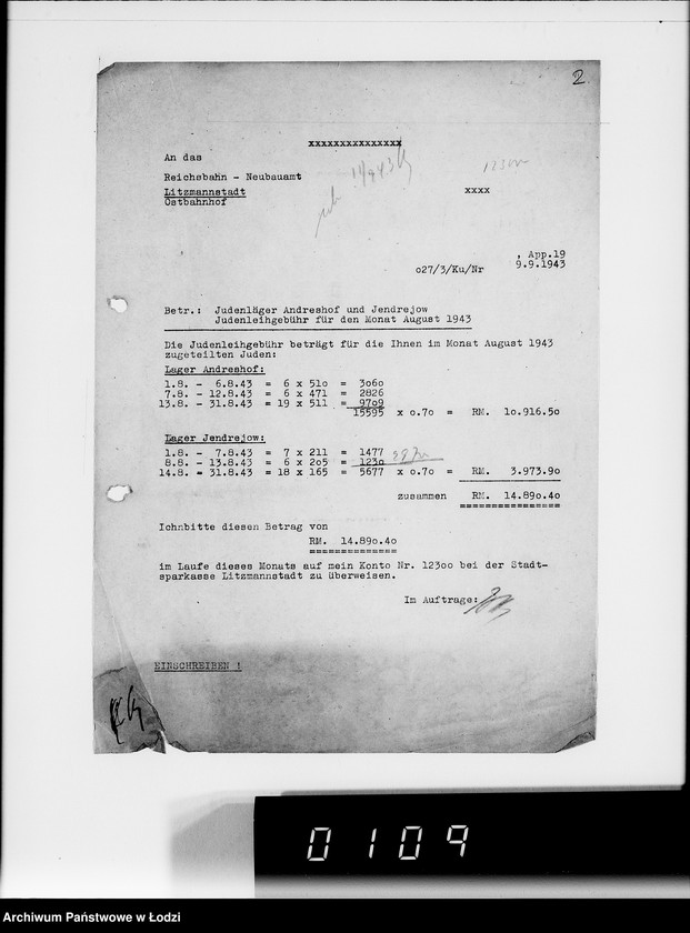 Obraz 6 z jednostki "Sonderkonto 12300. Arbeitsamt Litzmannstadt Judenlager: Löwenstadt- (Amtskommissar Löwenstadt), Hulanki- (Krs.Litzmannstadt), Jendrzejów, Andrzejów, Ostrowo (Krs.L-stadt)."