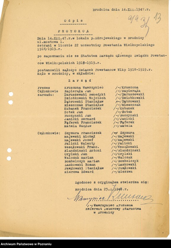 Obraz 15 z jednostki "Współdziałanie Zarządu Głównego Związku Powstańców Wielkopolskich z kołami 1. Bojanowo [1946-1948] 2. Bremno [19449] 3. Brodnica [1947-1948] 4. Bydgoszcz [1946-1948] 5. Chodzież [1946-1948] 6. Chorzów[1947-1949] 7. Czarnków [1946-1949] 8. Drawsko n/Notecią. [1948-1949] 9. Drezdenko [1947-19498]"
