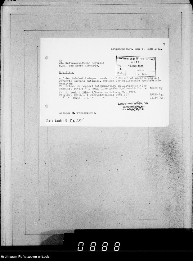 Obraz 8 z jednostki "Ablage [Korespondencja dostawców do Getta dot.wagonowych przesyłek produktów żywnościowych, opału do stacji Radogoszcz]"