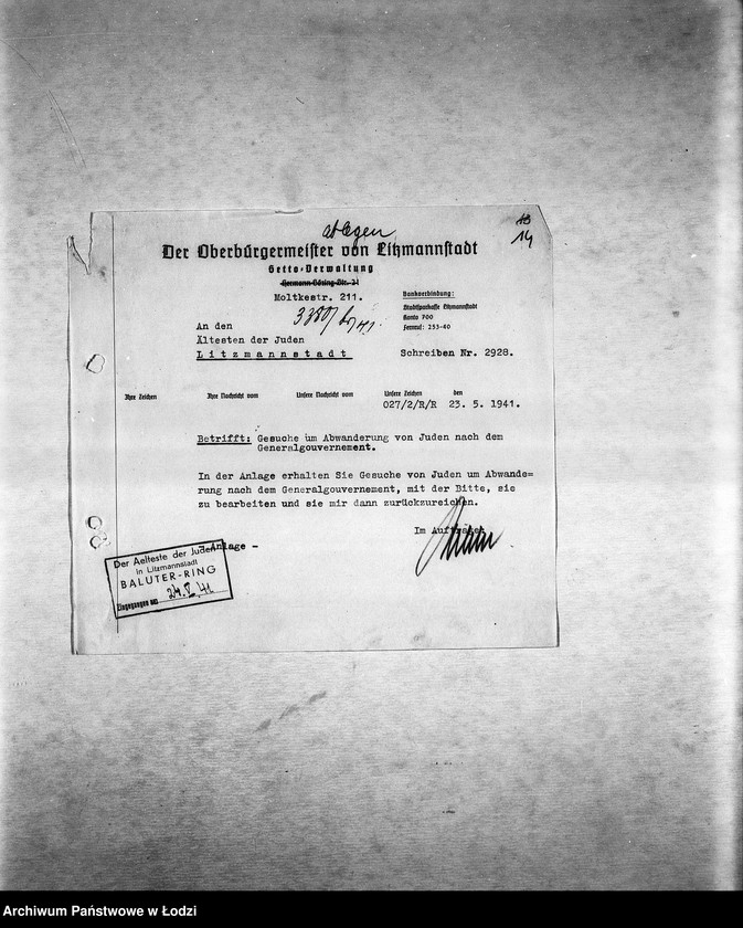 Obraz 17 z jednostki "[Korespondencja PSŻ w sprawie ruchu ludności getta, indywidualnych przesiedleń, przekazywania dzieci do getta itp.]"