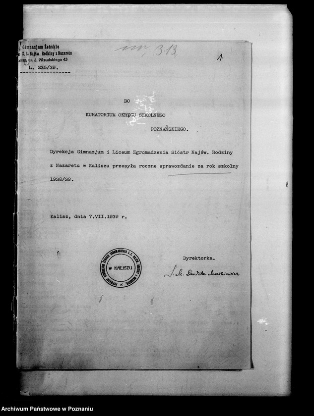 Obraz 5 z jednostki "Prywatne Gimnazjum Żeńskie Zgromadzenia SS Najświętszej Rodziny z Nazaretu- Kalisz, sprawozdania powizytacyjne i roczne"