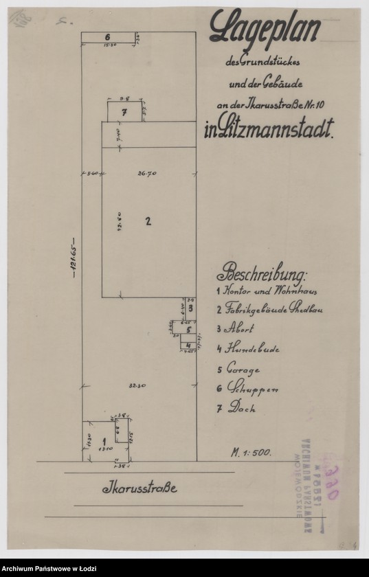 Obraz 1 z jednostki "Lageplan des Grundstückes und der Gebäude an der Ikarusstraße Nr 10 in Litzmannstadt"