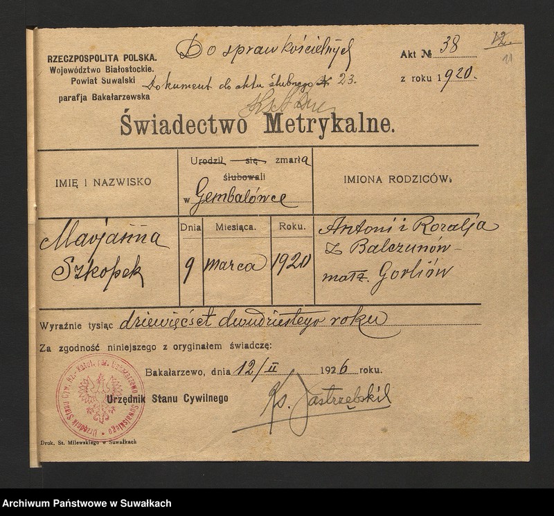 image.from.unit.number "Dokumenty Przedstawione do ślubnych aktów w roku 1926, Filipowskiej Rzymsko-Katolickiej parafji."