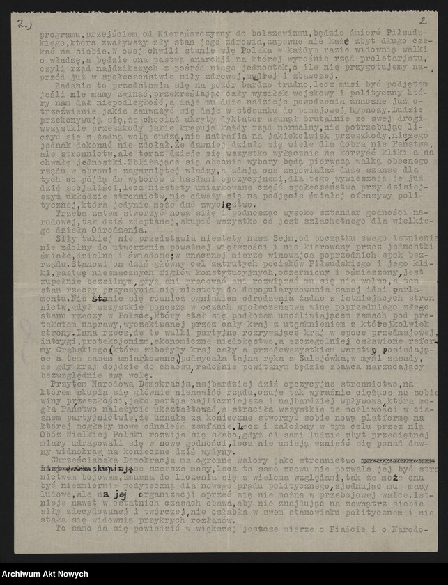 image.from.unit.number "N.N.; Dotyczy sytuacji w Polsce po zamachu majowym, dyktatorskich form rządzenia, roli Sejmu, ocena partii ND, Chd, "Piasta"; brak początku i zakończenia; L.1"