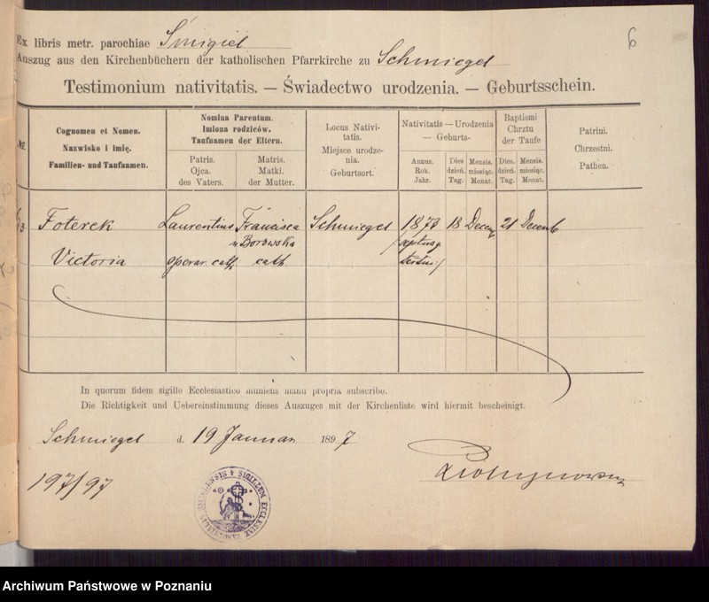 Obraz 8 z jednostki "Die von den Verlobten beigebrachten Urkunden zur Eheschliessung pro 1897"