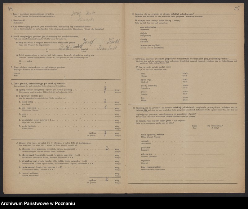 Obraz 13 z jednostki "[Kwestionariusze dotyczące stwierdzenia gruntów znajdujących się po polskiej stronie pogranicza a zarządzanych przez zamieszkałych po stronie niemieckiej] powiat leszczyński"