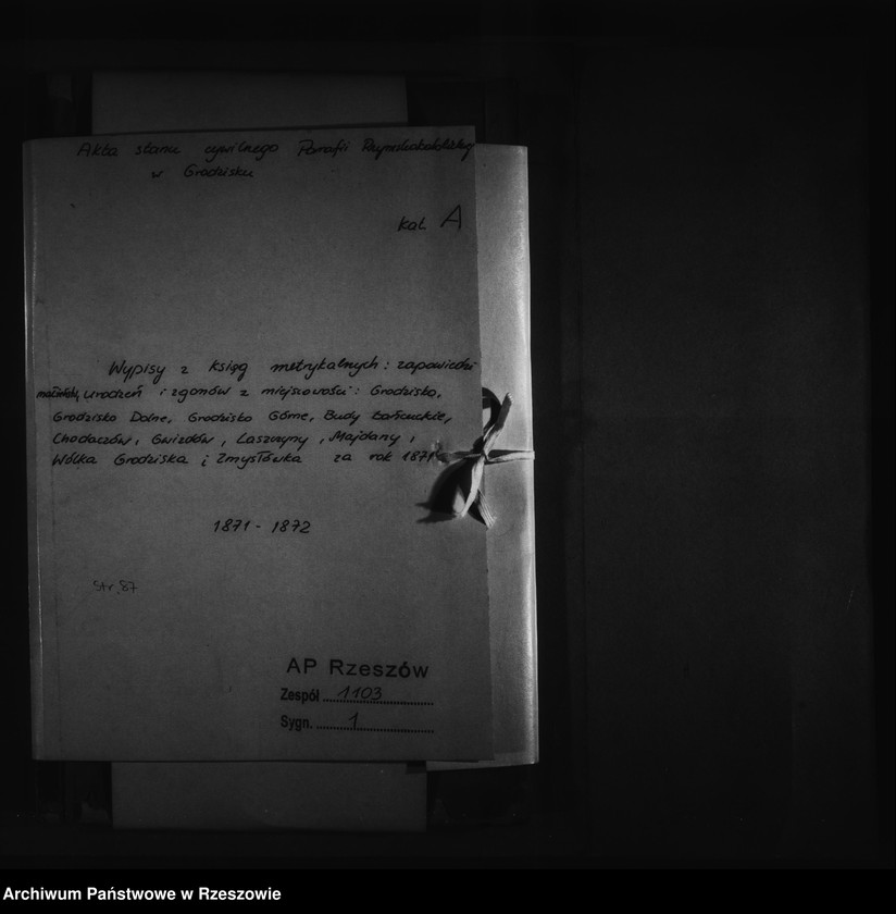image.from.unit.number "Wypisy z ksiąg metrykalnych : zapowiedzi małżeństw, urodzeń i zgonów: Grodzisko, Grodzisko Dolne, Grodzisko Górne, Budy Łańcuckie, Chodaczów, Gwizdów, Laszczyny, Majdany, Wólka Grodziska i Zmysłówka za 1871 rok"