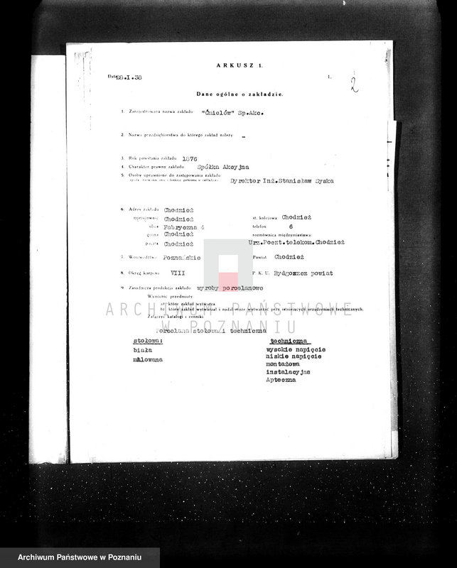 image.from.unit.number "Fabryka porcelany i wyrobów ceramicznych w Ćmielowie Spółka Akcyjna wytwórnia w Chodzieży. Kwestionariusz"