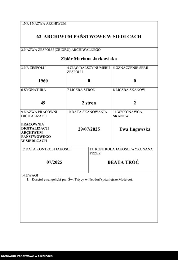 image.from.unit.number "Kościół ewangelicki pw. Św. Trójcy w Neudorf (późniejsze Mościce)"