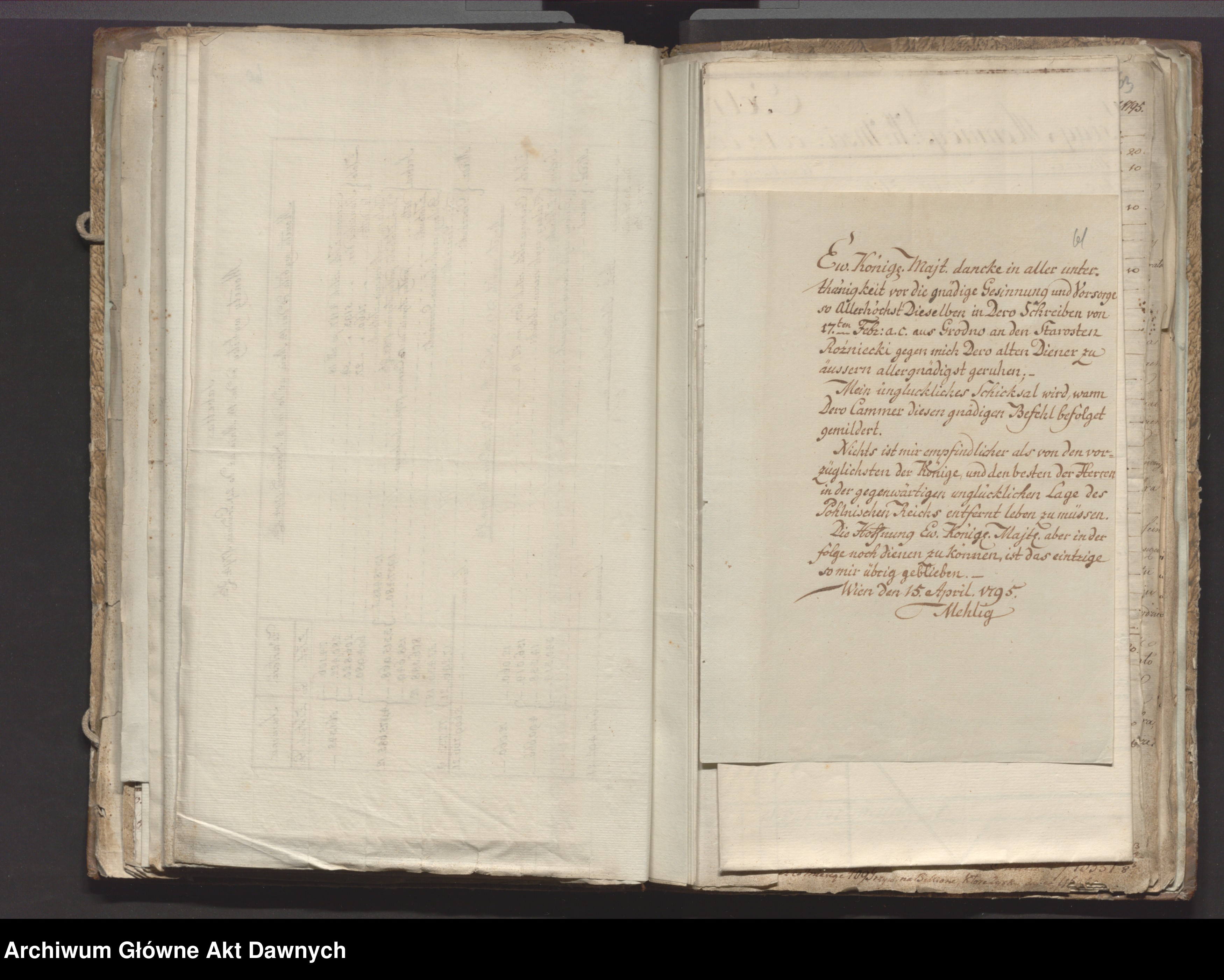 Skan z jednostki: Korespondencja króla Stanisława Augusta z Mehligiem i Unruhem dotycząca mennicy. W szczególności zawiera: raporty Mehliga i Unruha, wykazy wybitych medali, bilanse, rozliczenia pieniężne wyżej wymienionych osób oraz innych (Jakuba Reichela, Regulskiego, Buxhowdena, Schrödera). 2. Korespondencja Zakrzewskiego, Buxhowdena w związku z przejęciem mennicy przez Radę Zastępczą Tymczasową (24 IV 1794). 3. Prośby kupców (Weicherta, Kweiszera, Fontany, Lotticha i Gartla) o zwrot należności za dostawy do mennicy.