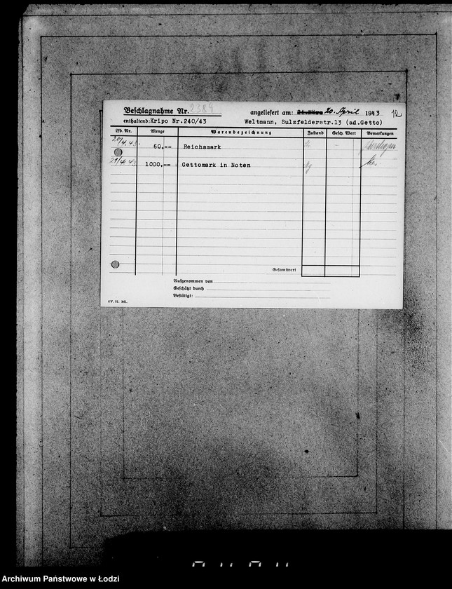Obraz 16 z jednostki "Kripo 2201-2400 [Kartoteka skonfiskowanego majątku ruchomego u Żydów]"