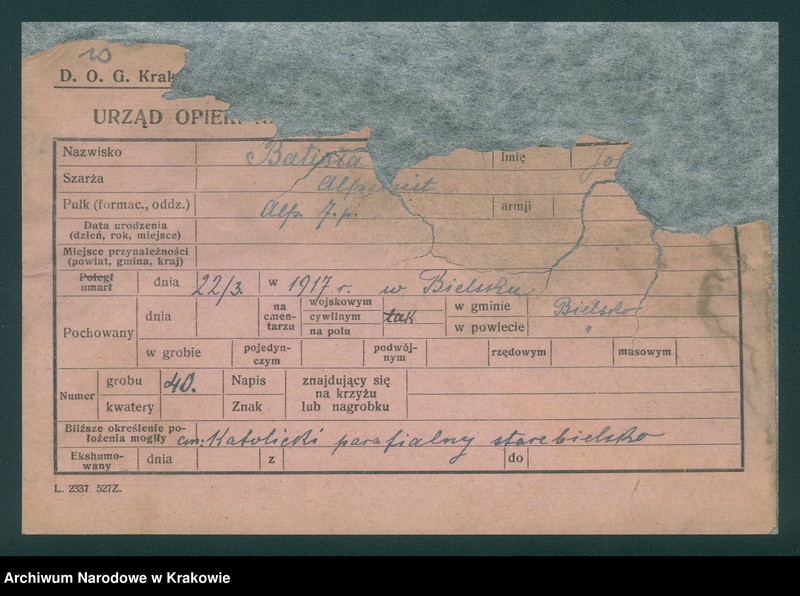 Obraz 7 z jednostki "Karty ewidencyjne zmarłych Włochów na terenie miejscowości: Kraków, Oświęcim, Zakopane, Bielsko, Aleksandrowice, Wadowice, Tanów."