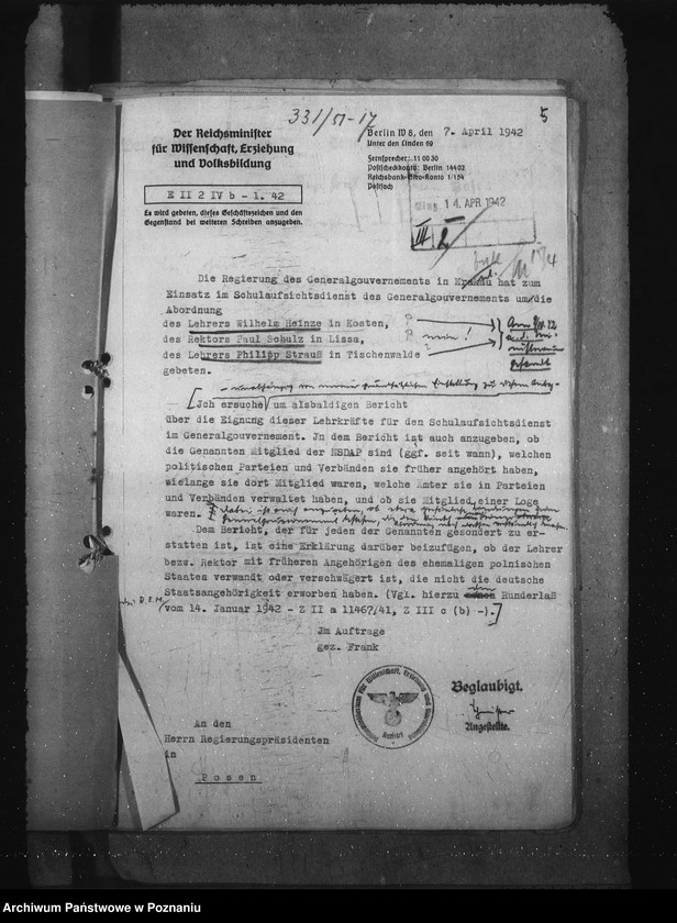 Obraz 9 z jednostki "Abgabe von Lehrkräften an das Generalgouvernement. Förderung volksdeutscher Lehrer"