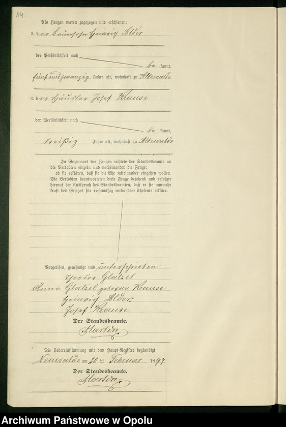 Obraz 18 z jednostki "Heiraths-Neben-Register des Standesamts Altewalde pro 1897"