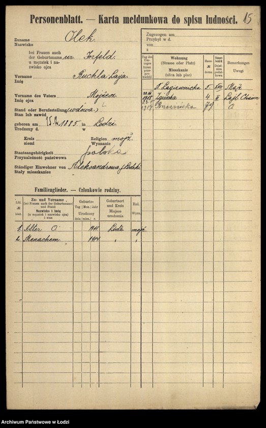 Obraz 17 z jednostki "[Spis ludności Łodzi] Olek-Olszenko"