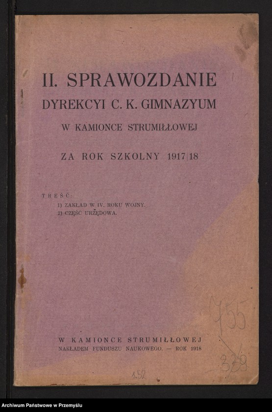 image.from.unit.number "II Sprawozdanie Dyrekcji C.k. Gimnazjum w Kamionce Strumiłowej za rok szkolny 1917/18"