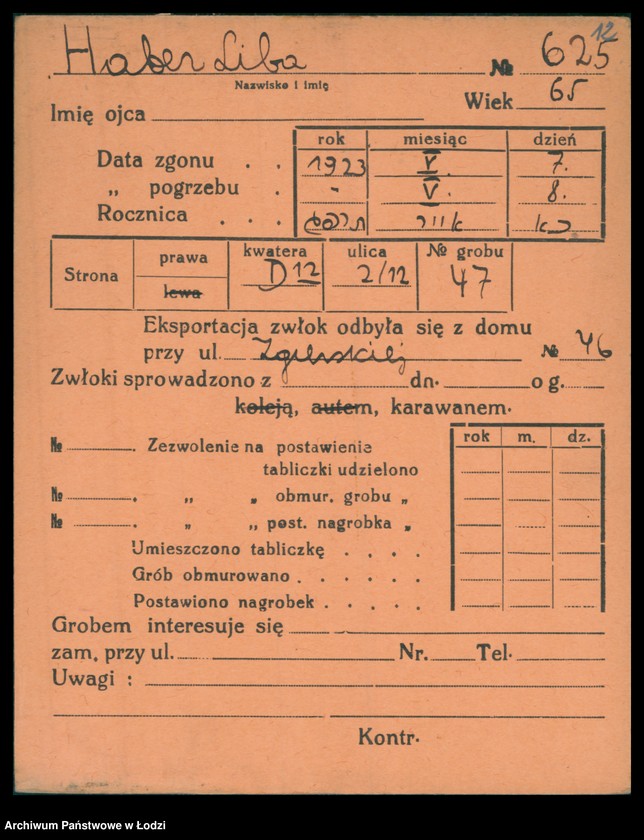 Obraz 13 z jednostki "Kartoteka osób pochowanych na cmentarzu żydowskim przy ulicy Brackiej w latach 1892-1961. Nazwiska na litery: Ha-Helme"