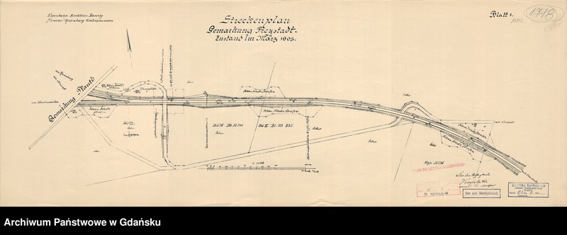 image.from.unit.number "Eisenbahn Direktion Danzig. Strecke: Riesenburg - Gosslershausen. Streckenplan. Gemarkung Freystadt. Zustand im März 1908. Blatt 1"
