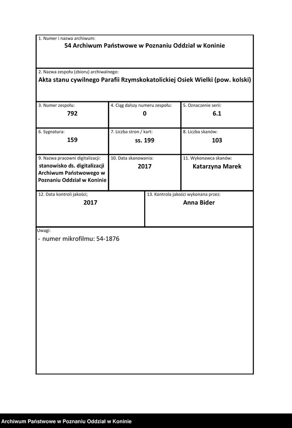 Obraz 1 z jednostki "Księga akt urodzeń, małżeństw, zgonów Parafia Rzymskokatolicka Osiek Wielki [za] rok 1909"