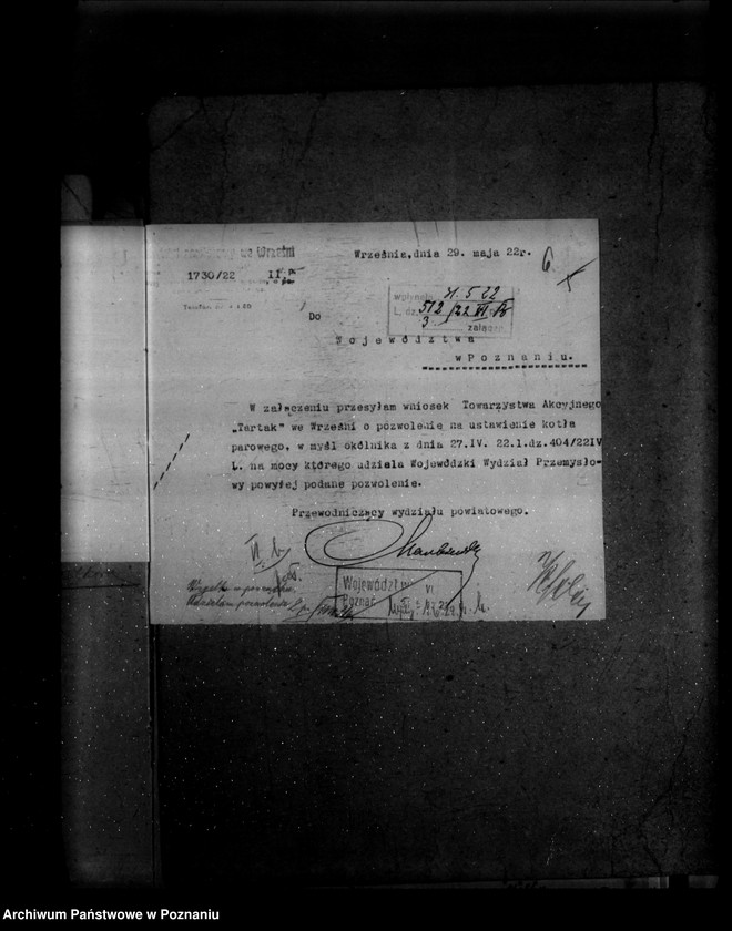 Obraz 11 z jednostki "1/ Tartak parowy we Wrześni- Towarzystwo Akcyjne Nr porządkowy kotła 11 /Młyn J. Hadyniaka w Tomicach powiat poznański"