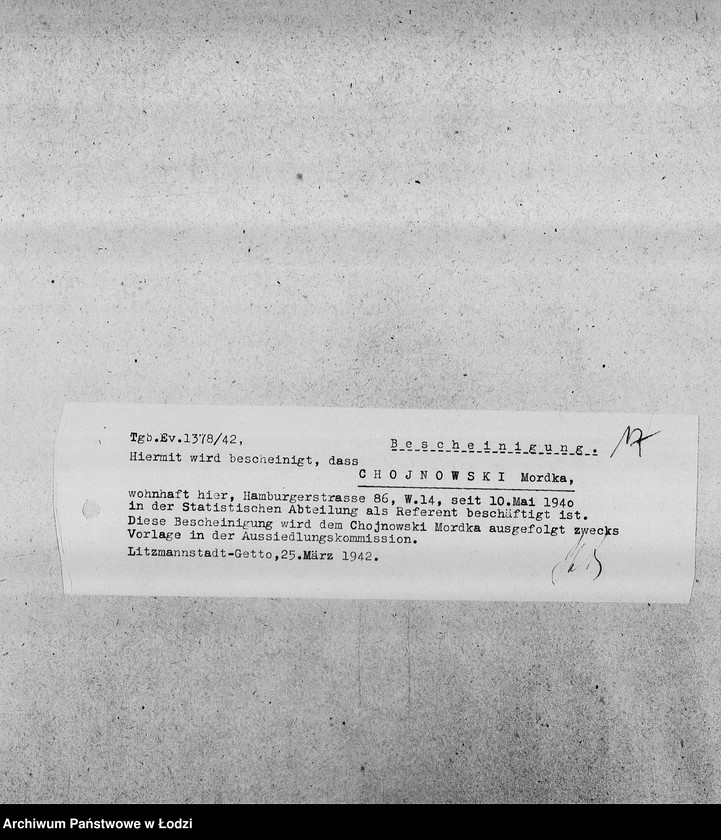 Obraz 20 z jednostki "[Kopie zaświadczeń dla pracowników Wydziałów Ewidencji o zatrudnieniu, wysokości poborów, potrąceniach za komorne, przydziałach żywnościowych i inne]"