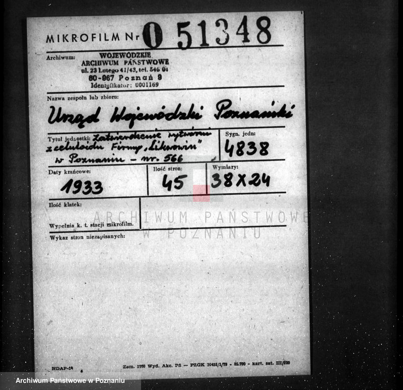 image.from.unit.number "Zatwierdzenie wytwórni z celuloidu Firmy "Likwowin" w Poznaniu nr 566"