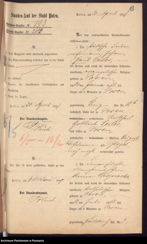 Obraz 15 z jednostki "Die von den Verlobten beigebrachten Urkunden zur Eheschliessung pro 1897"