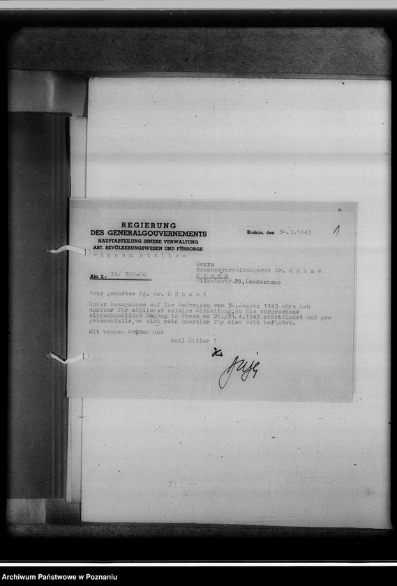 Obraz 5 z jednostki "Tagesordnung zur Arbeitsbesprechung der Sippenamtsleiter aus den Ortsgebieten in Posen [Poznań] [oraz korespondencja]"