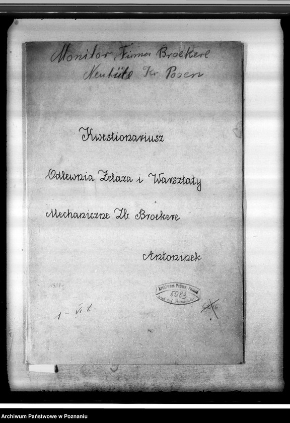 Obraz 4 z jednostki "Kwestionariusz Odlewni żelaza i warsztatów mechanicznych Zb. Broekere Poznań-Antoninek"