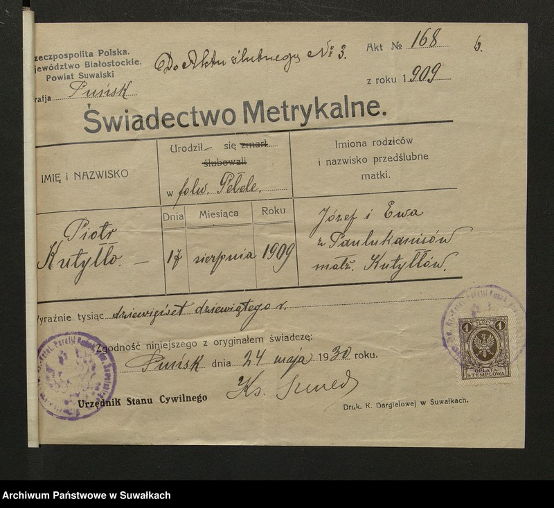 image.from.unit.number "Dokumenty Zaślubionych parafji Rzymsko-Katolickije Smolańskiej za 1930 rok"