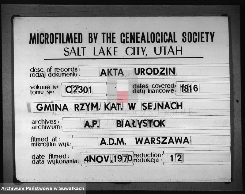image.from.unit.number "Akta stanu cywilnego urodzonych w gminie seyneńskiey od 1-go stycznia 1816 roku."