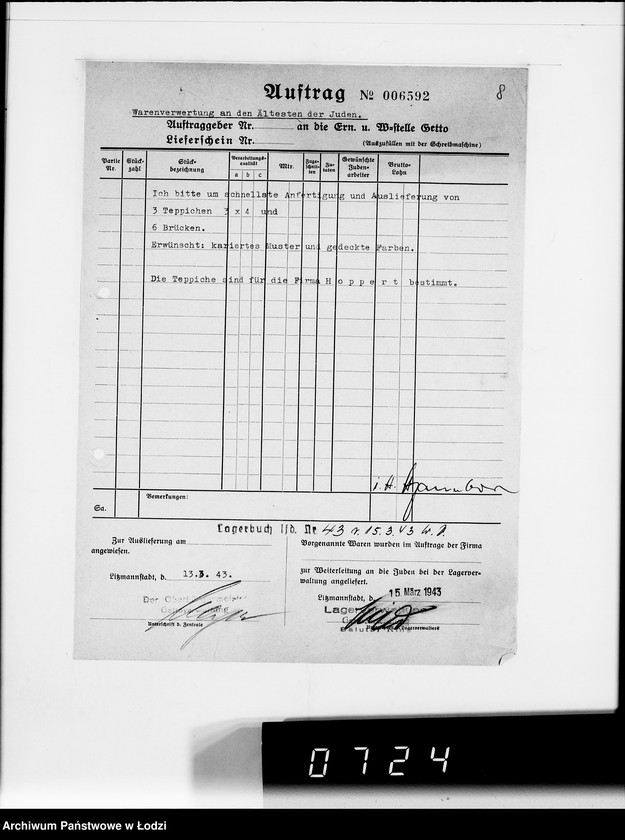 Obraz 12 z jednostki "Warenverwertung am Lager 91. [Aufträge] 6401-6600"