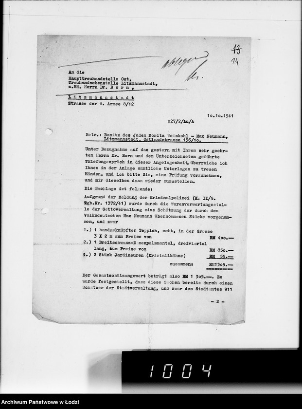 Obraz 16 z jednostki "H.T.O. [Korespondencja z Haupttreuhandstelle Ost w sprawach finansowych oraz majątku żydowskiego]"