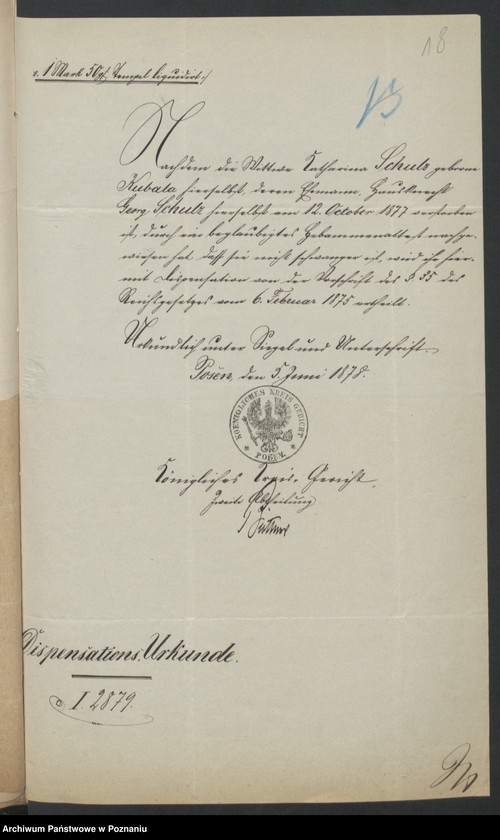 Obraz 20 z jednostki "Die von den Verlobten beigebrachten Urkunden zur Eheschliessung pro 1878"