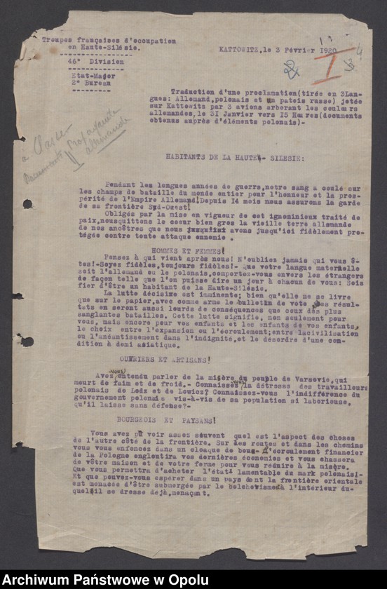 Obraz 6 z jednostki "/Propagande/Plakaty, odezwy, ulotki, afisze, broszury propagandowe różnych organizacji do mieszkańców Górnego Śląska, tłumaczenia w języku francuskim/"