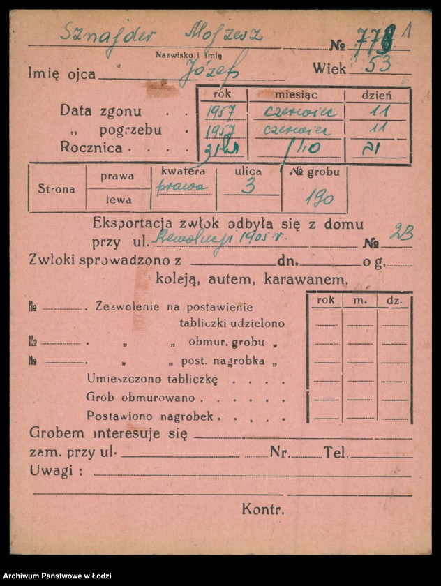 Obraz 2 z jednostki "Kartoteka osób pochowanych na cmentarzu żydowskim przy ulicy Brackiej w latach 1892-1957. Nazwiska na litery: Szn-Szt"