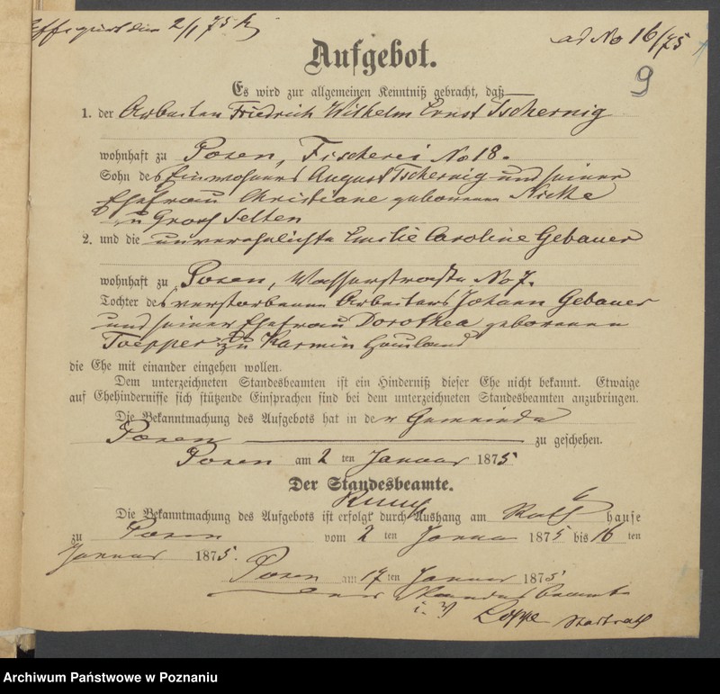 Obraz 12 z jednostki "Die von den Verlobten beigebrachten Urkunden zur Eheschliessung pro 1875"