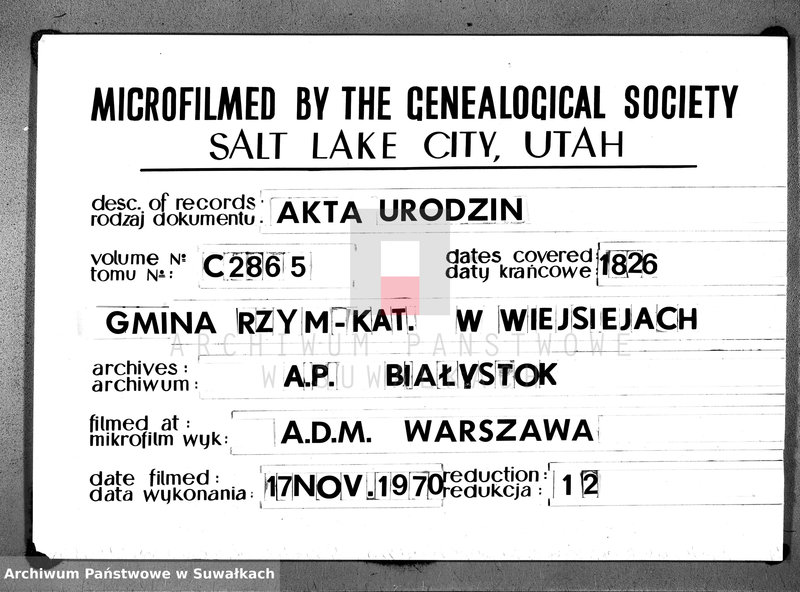 image.from.unit.number "Duplikat aktów urzędnika stanu cyvilnego względem urodzenia, małżeństwa i zeszłych parafii wieysieyskiey na rok 1826, tom I"