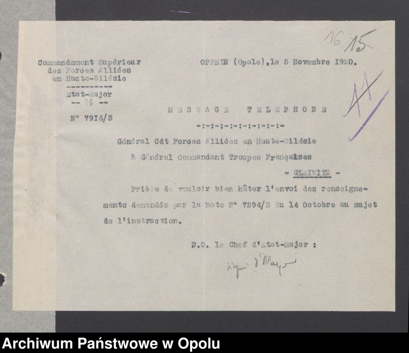 Obraz 18 z jednostki "Sorties /Korespondencja własna wychodząca, pisma, zarządzenia, potwierdzenia telefoniczne, instrukcje, sprawozdania/ 1.11.1920-31.01.1921"