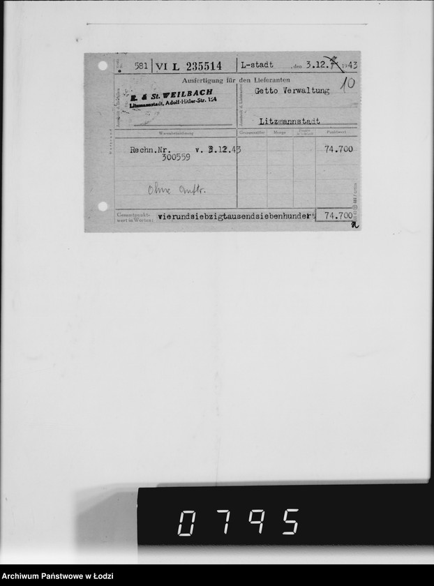 Obraz 14 z jednostki "F-ma St.Weilbach Litzmannstadt V Warenverwertung an den Juden Ältesten. Kinder-Kleider, Teppiche, Brücken"