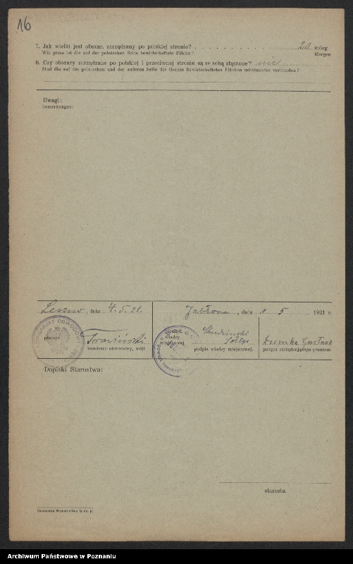 Obraz 14 z jednostki "[Kwestionariusze dotyczące stwierdzenia gruntów znajdujących się po niemieckiej stronie pogranicza a zarządzanych przez zamieszkałych po stronie polskiej] powiat leszczyński"